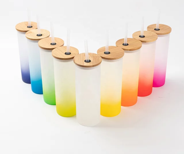 Coloured Frosted Glass Tumbler Sublimation Suitable Bamboo Lid - 9